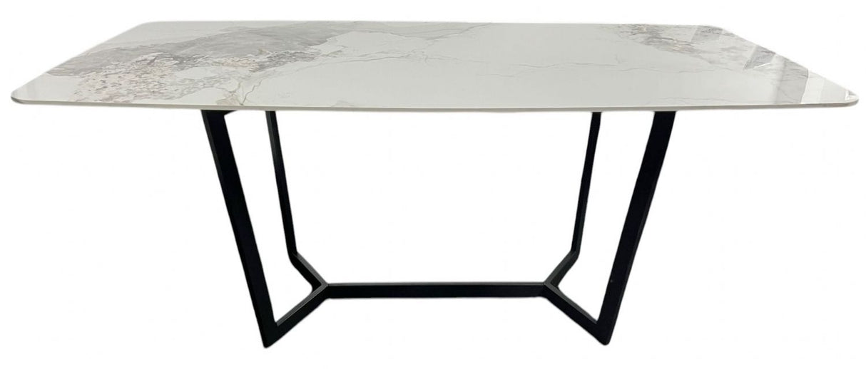 Luxury White Marble Effect Ceramic 1.8m Dining Table with Black Geometric Metal Base