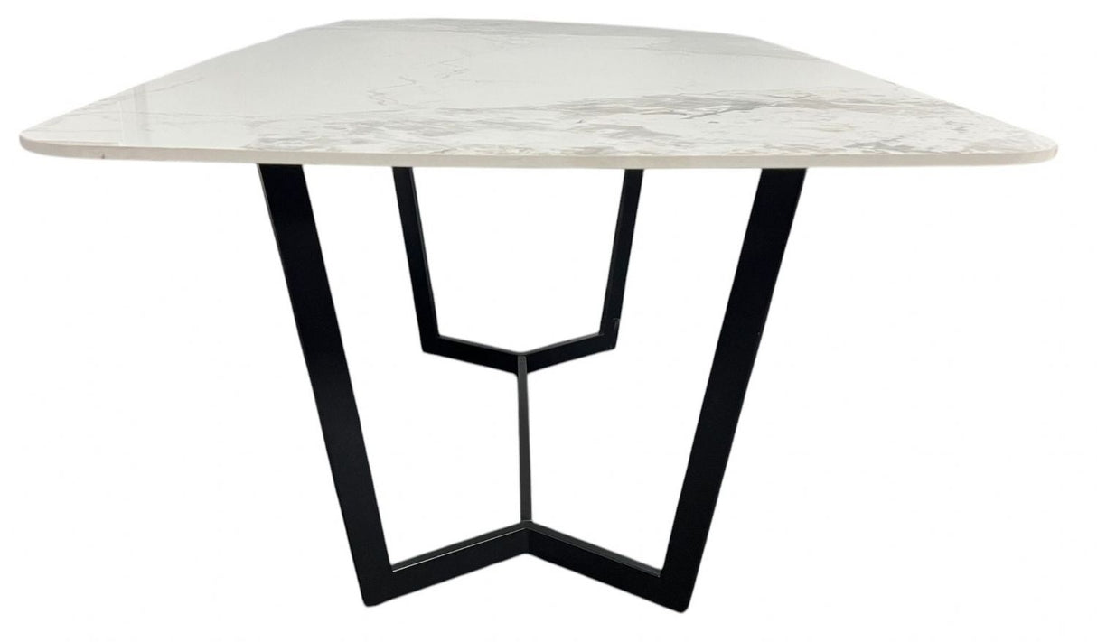 Luxury White Marble Effect Ceramic 1.8m Dining Table with Black Geometric Metal Base