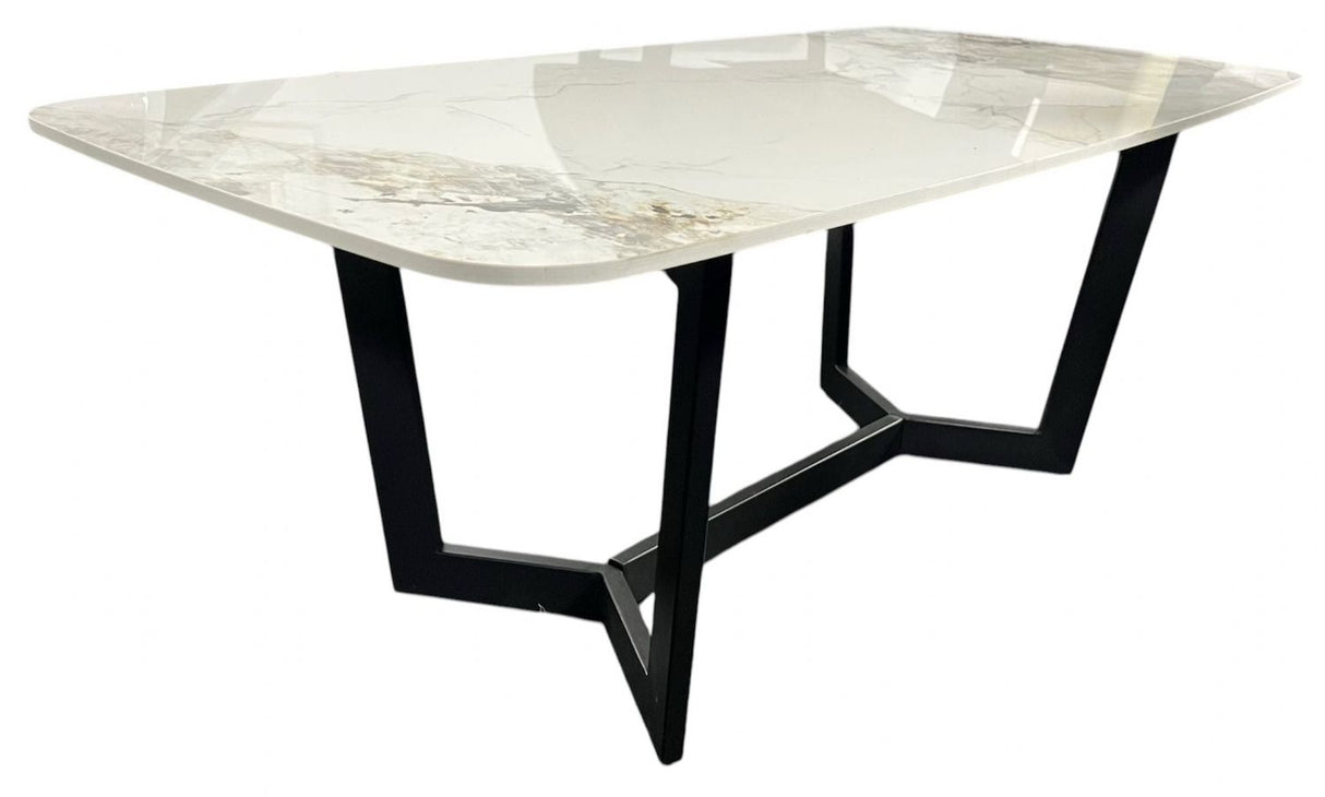 Luxury White Ceramic Coffee Table with Black Metal Geometric Base