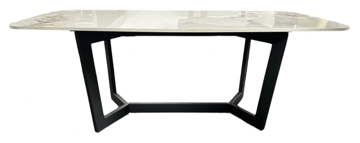 Luxury White Ceramic Coffee Table with Black Metal Geometric Base