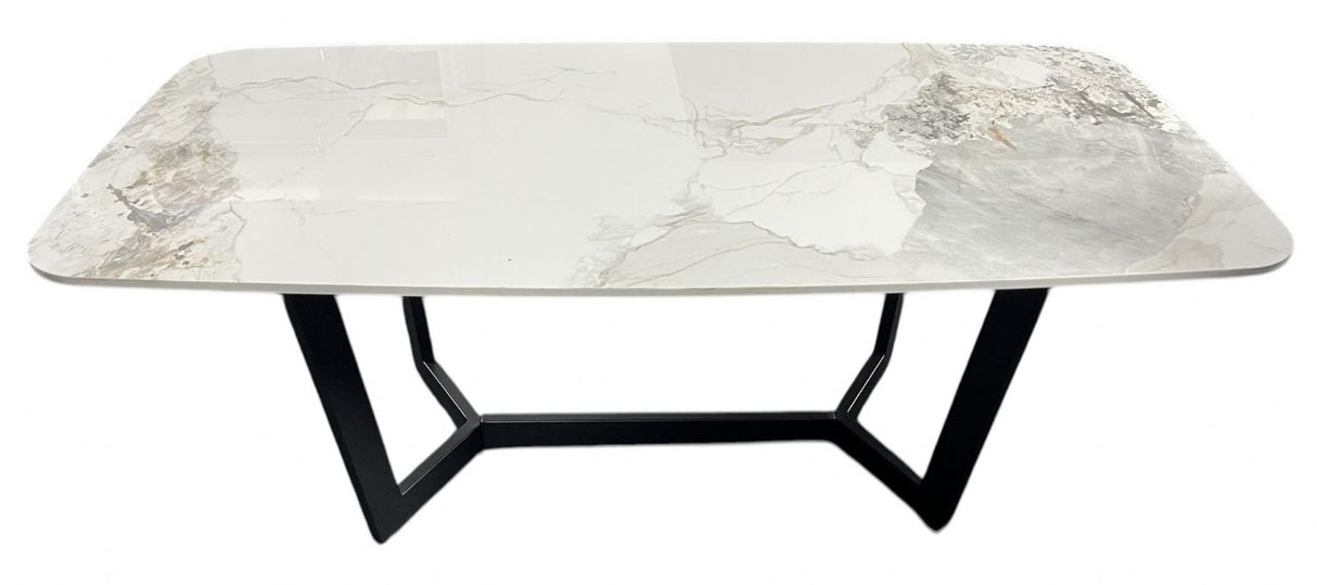 Luxury White Ceramic Coffee Table with Black Metal Geometric Base