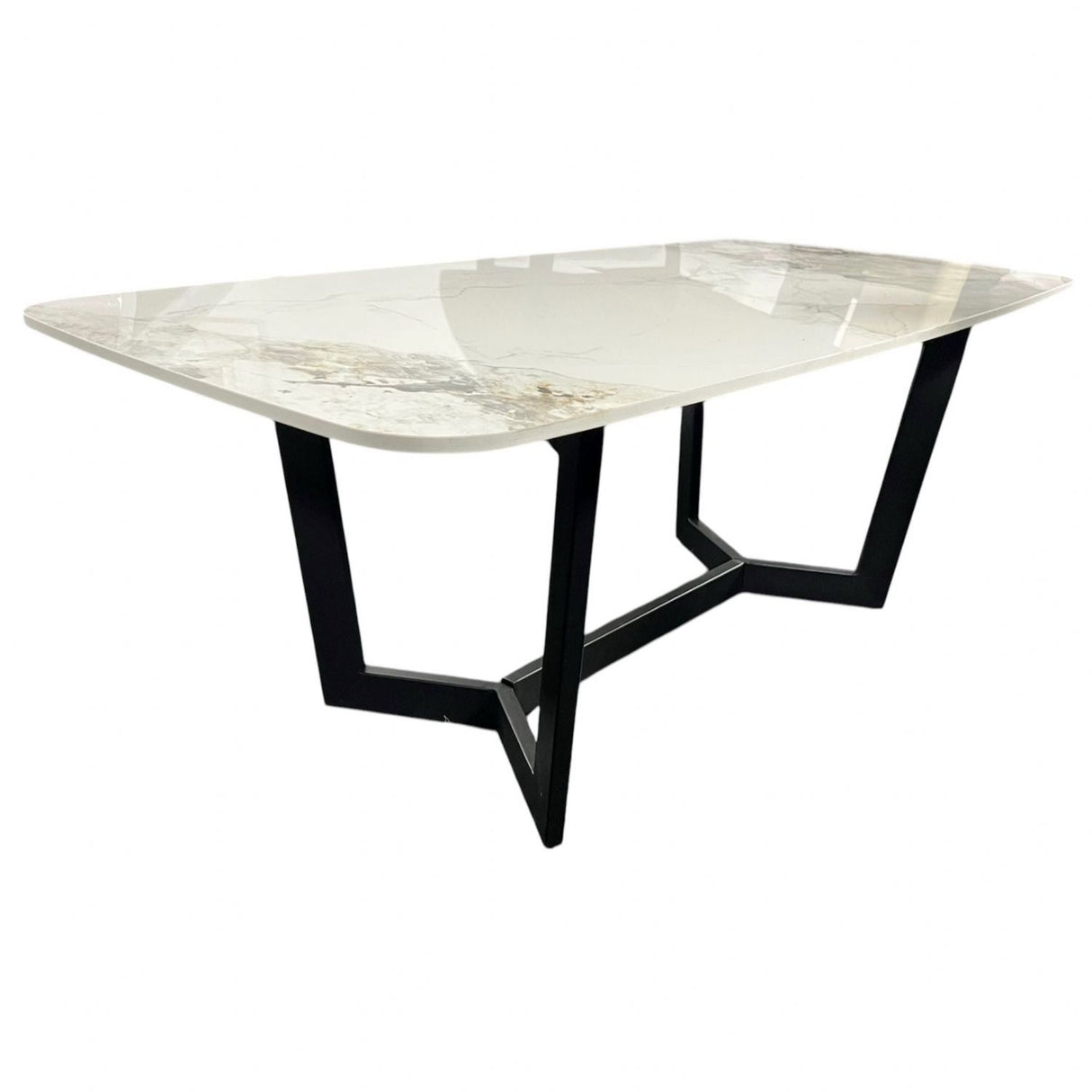Luxury White Ceramic Coffee Table with Black Metal Geometric Base