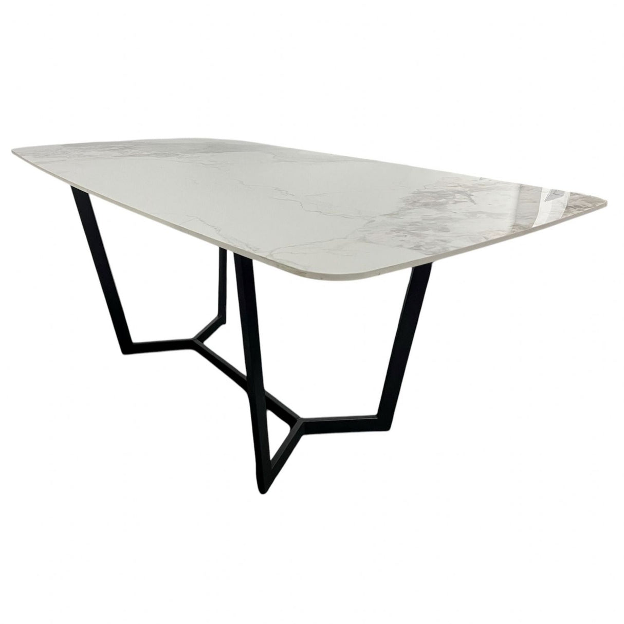 Luxury White Marble Effect Ceramic 1.8m Dining Table with Black Geometric Metal Base