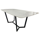 Luxury White Marble Effect Ceramic 1.8m Dining Table with Black Geometric Metal Base