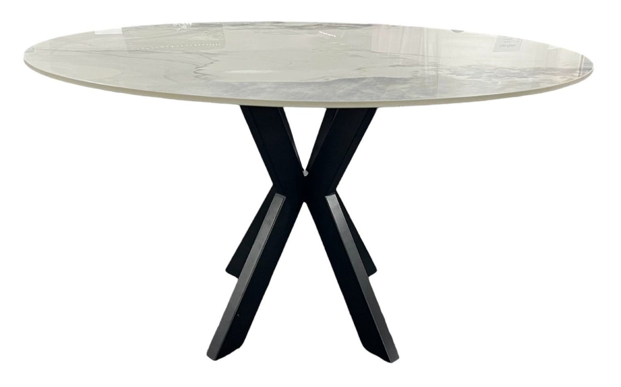 Luxury White Marble Effect Ceramic 1.3m Round Dining Table with Black Cross Pedestal Base