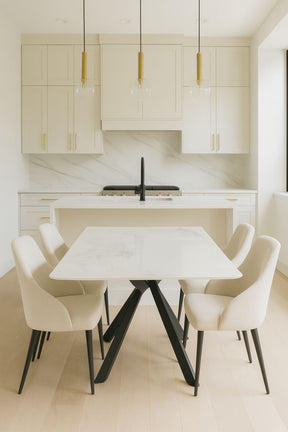 Luxury White Marble Effect Ceramic 180cm Dining Table with Black Cross Pedestal Base