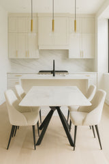 Luxury White Marble Effect Ceramic Dining Table with Black Cross Pedestal Base