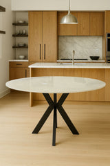 Luxury White Marble Effect Ceramic 1.3m Round Dining Table with Black Cross Pedestal Base