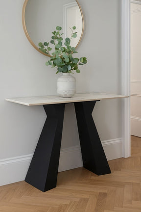 Modern Grey Ceramic Console Table with Black Architectural Pedestal Legs