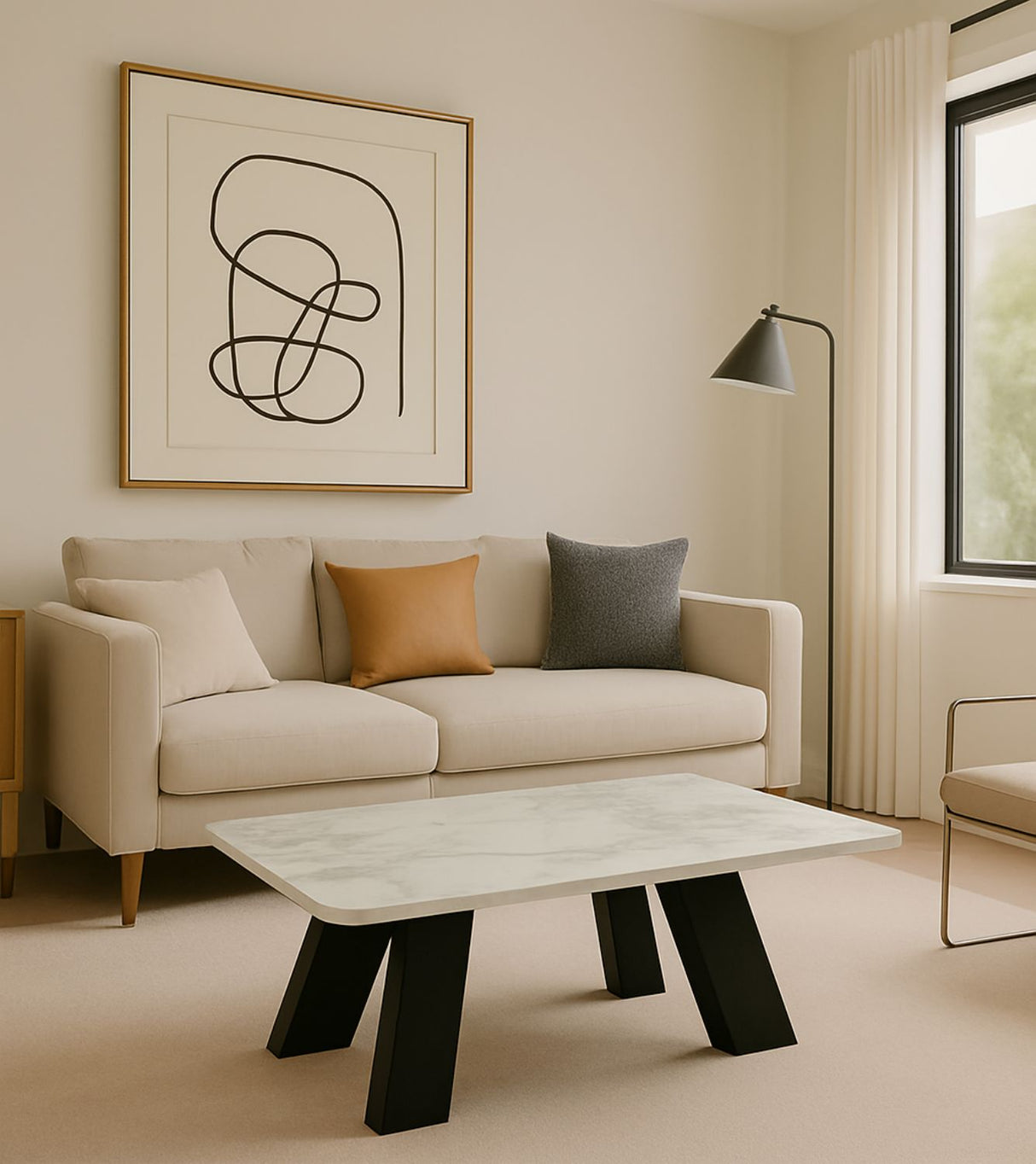 Modern White Ceramic Coffee Table with Black Architectural Legs