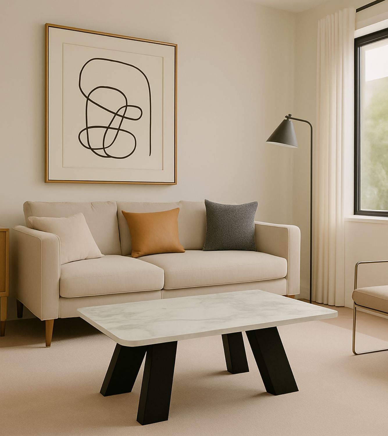 Modern White Ceramic Coffee Table with Black Architectural Legs