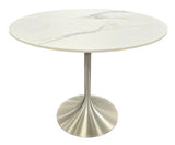 Luxury White Marble Effect Ceramic 0.9m Round Dining Table with Chrome Pedestal Base