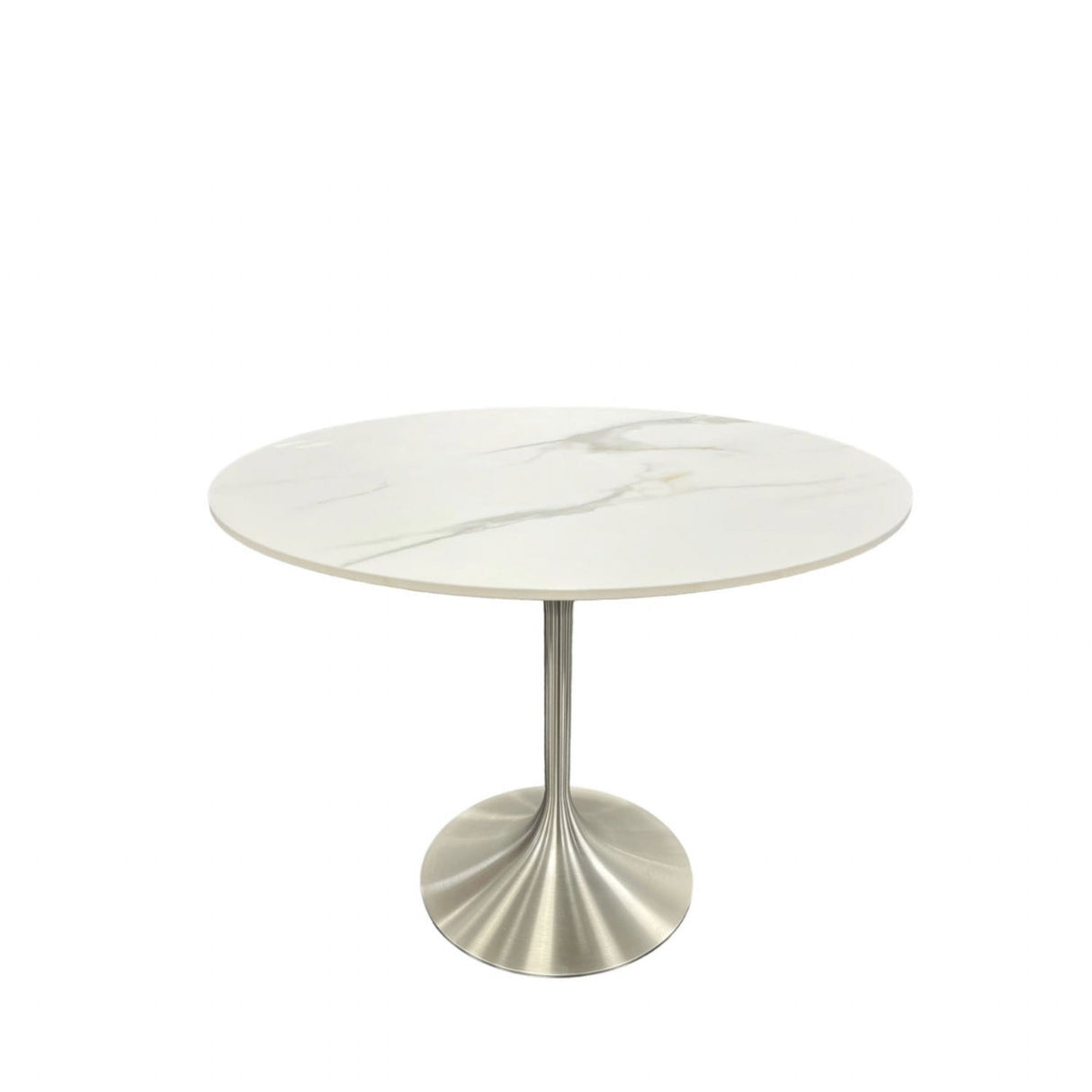 Luxury White Marble Effect Ceramic 0.9m Round Dining Table with Chrome Pedestal Base
