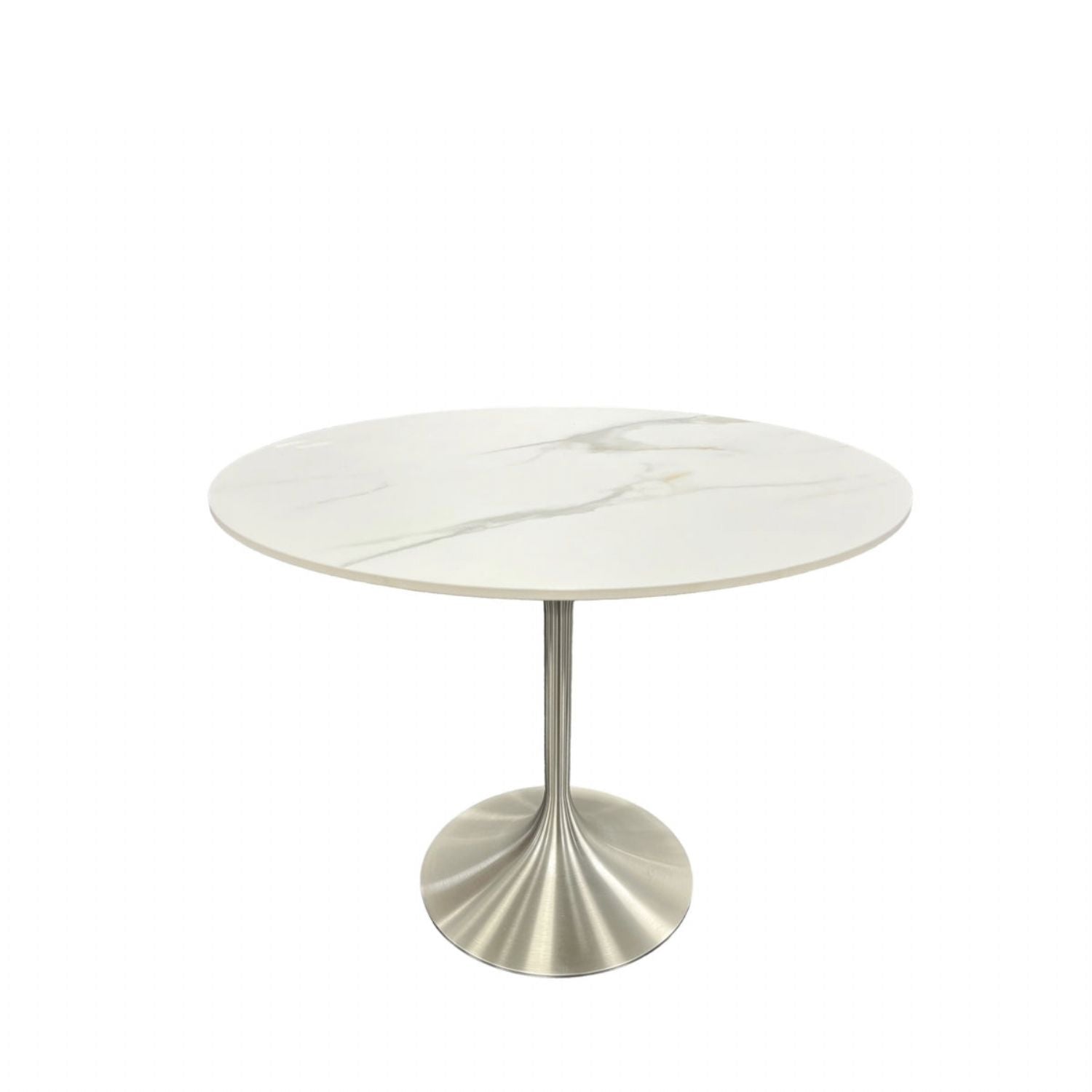 Luxury White Marble Effect Ceramic 0.9m Round Dining Table with Chrome Pedestal Base