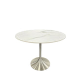 Luxury White Marble Effect Ceramic 0.9m Round Dining Table with Chrome Pedestal Base
