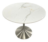 Luxury White Marble Effect Ceramic 0.9m Round Dining Table with Chrome Pedestal Base