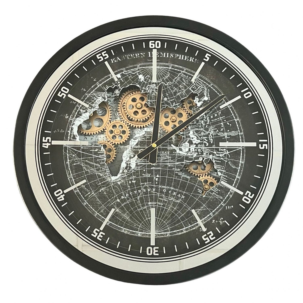 Industrial Black World Map Moving Gear Decorative Wall Clock