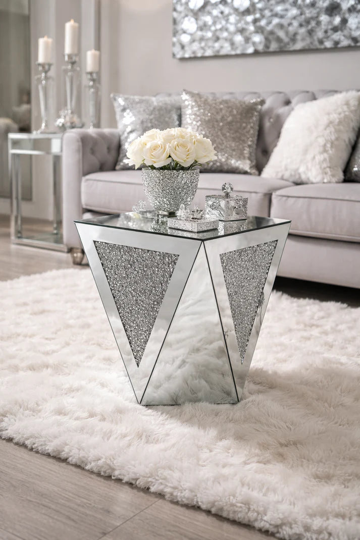 Mirrored Geometric Coffee Table with Crushed Diamond Triangle Panels