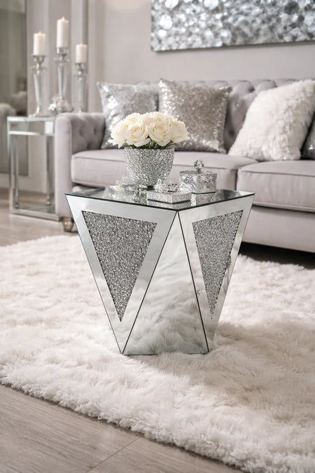 Mirrored Geometric Coffee Table with Crushed Diamond Triangle Panels