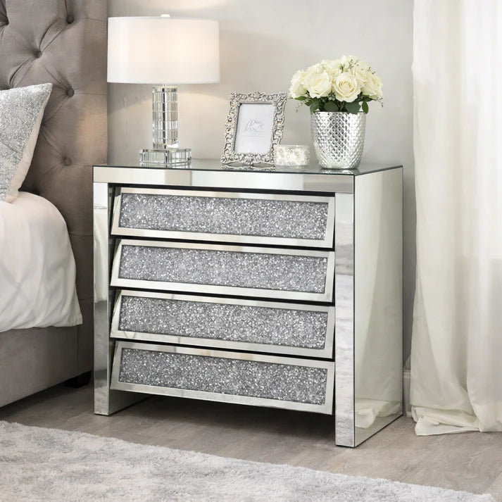 Mirrored 4 Drawer Bedside Cabinet with Crushed Crystal Drawer Fronts