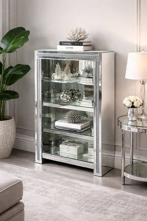 Mirrored Crushed Diamond Display Bookcase with Glass Shelves