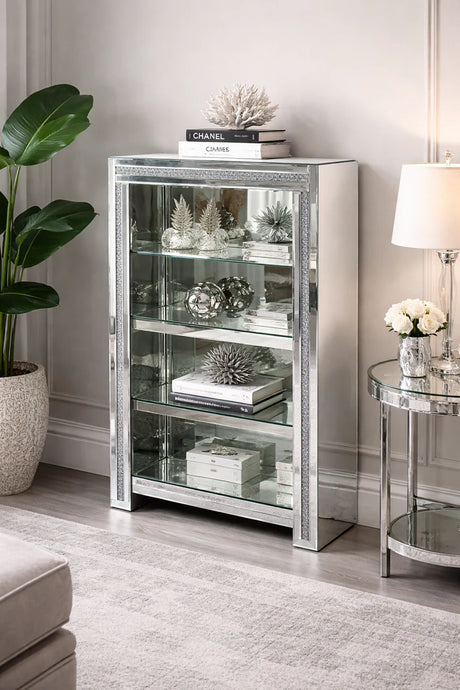 Mirrored Crushed Diamond Display Bookcase with Glass Shelves