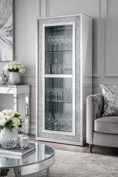 Mirrored High Display Bookcase with Crushed Crystal Frame and Glass Shelves