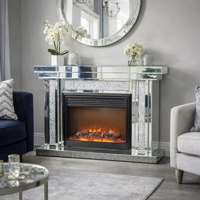 Modern Mirrored Fireplace Surround with Crushed Diamond Detailing and Electric Fire Insert