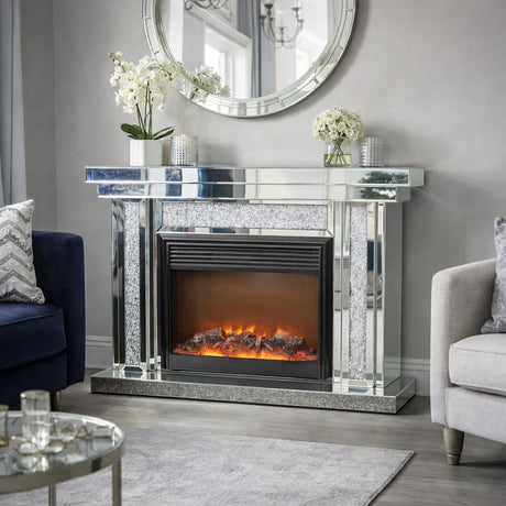 Modern Mirrored Fireplace Surround with Crushed Diamond Detailing and Electric Fire Insert