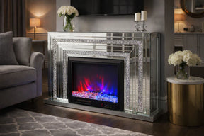 Silver Mirrored Fireplace Surround with Crystal and Colour Changing Electric Fire