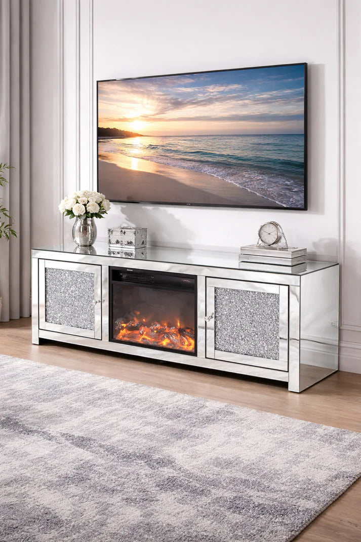 Silver Mirrored TV Unit with Crystal Door Panels and Built In Electric Heater