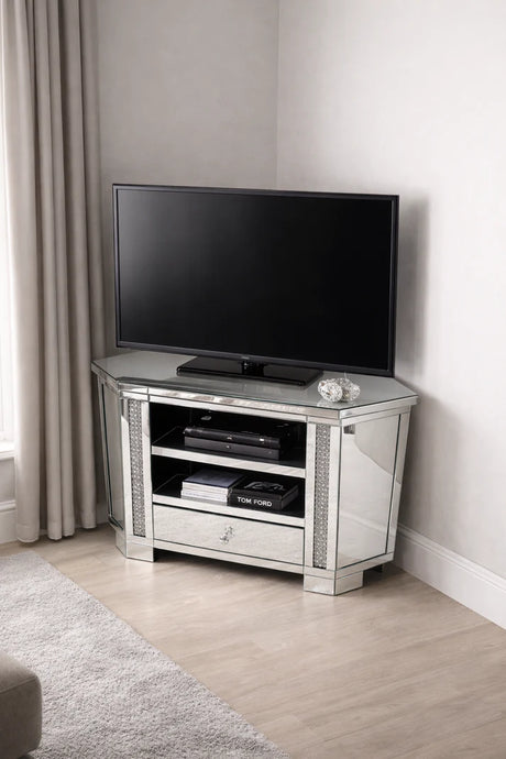 Mirrored Corner TV Unit with Crushed Crystal Side Panels and Storage Drawer