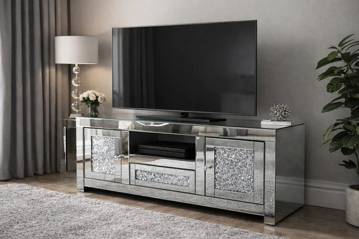 Mirrored Crushed Crystal 2 Door TV Unit with Open Shelves 120cm