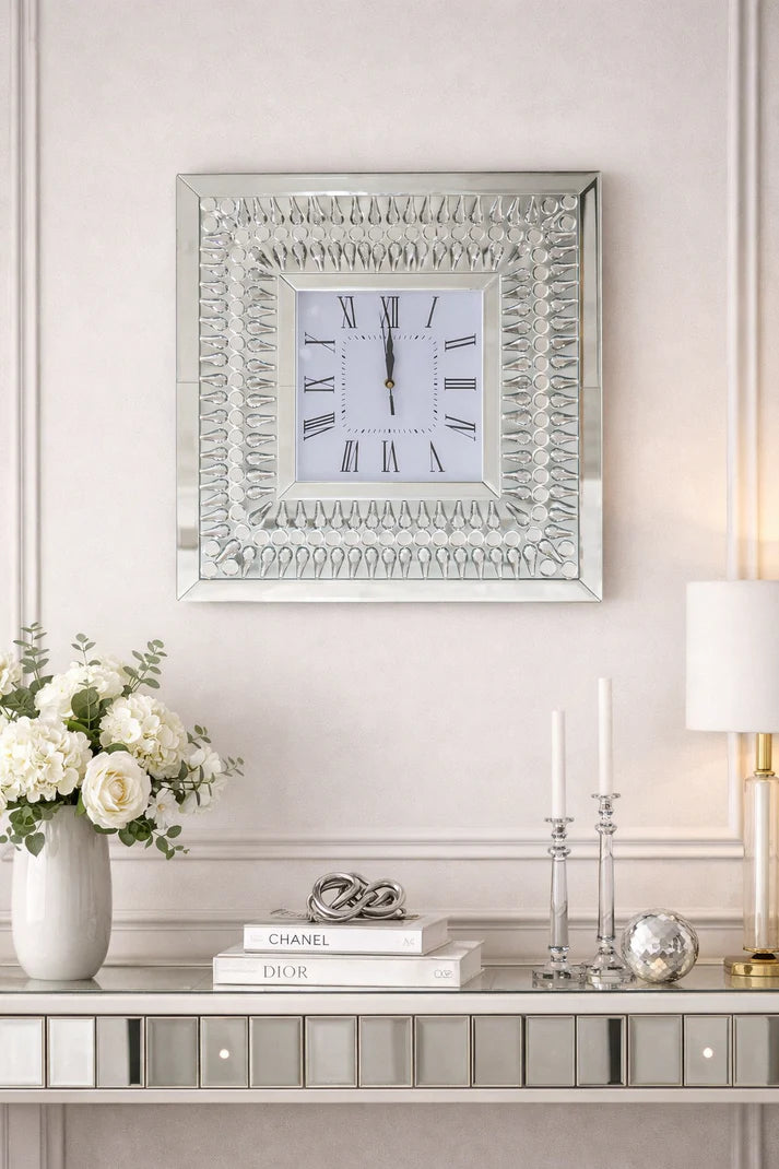 Luxury Square Mirrored Decorative Wall Clock with Teardrop Crystal Border