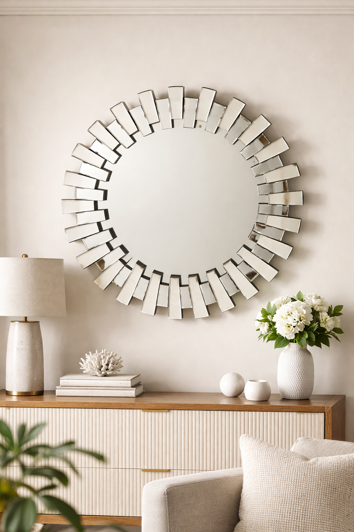 Modern Silver Sunburst Round Decorative Wall Mirror 80cm