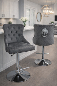 Luxury Dark Grey Velvet Button Tufted Bar Stool with Chrome Base and Lion Knocker