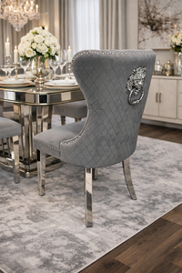 Luxury Dark Grey Velvet Dining Chair with Lion Knocker and Chrome Legs
