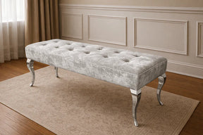 Luxury Silver Grey Shimmer Velvet Bench with Chrome Legs 160cm