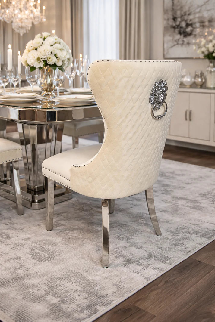 Luxury Ivory Velvet Dining Chair with Lion Knocker and Chrome Legs