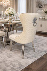 Luxury Ivory Velvet Dining Chair with Lion Knocker and Chrome Legs