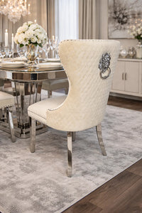 Luxury Ivory Velvet Dining Chair with Lion Knocker and Chrome Legs