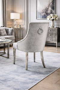 Luxury Silver Grey Shimmer Velvet Dining Chair with Ring Knocker and Chrome Legs