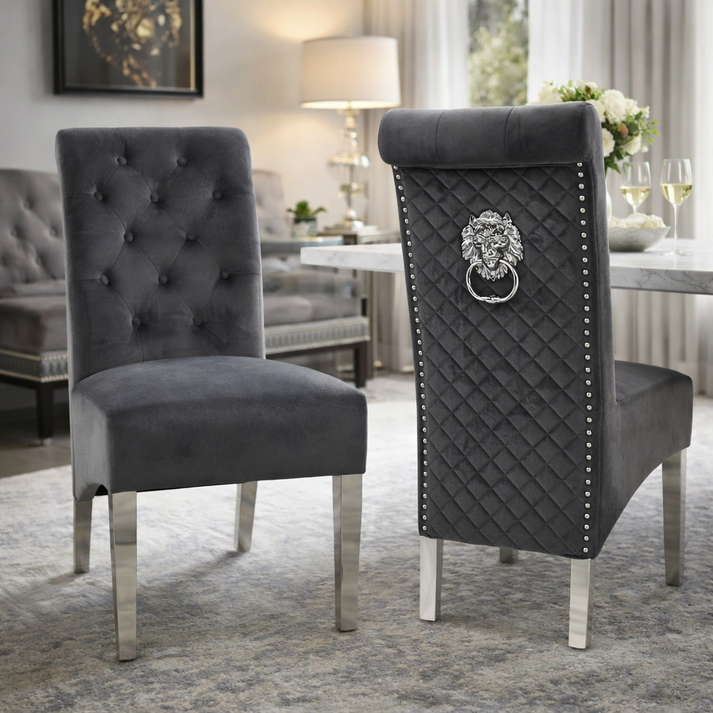 Luxury Dark Grey Velvet Dining Chair with Lion Knocker and Chrome Legs