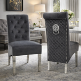 Luxury Dark Grey Velvet Dining Chair with Lion Knocker and Chrome Legs