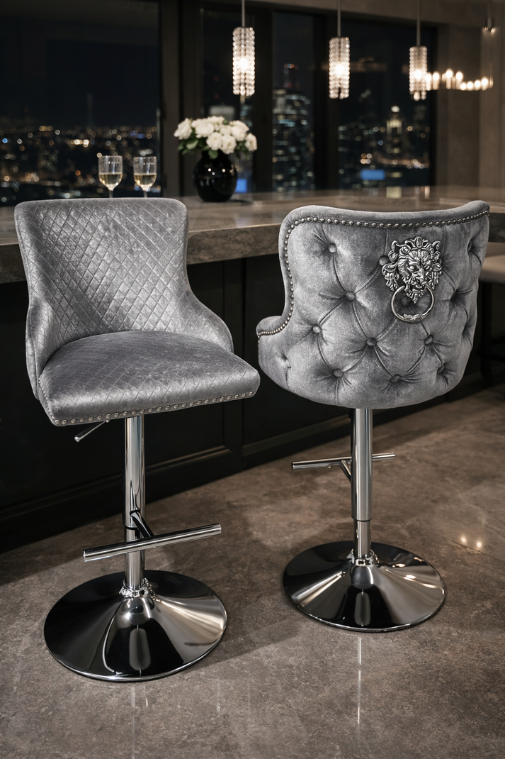 Luxury Light Grey Velvet Chesterfield Bar Stool with Chrome Base and Lion Knocker