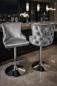 Luxury Light Grey Velvet Chesterfield Bar Stool with Chrome Base and Lion Knocker