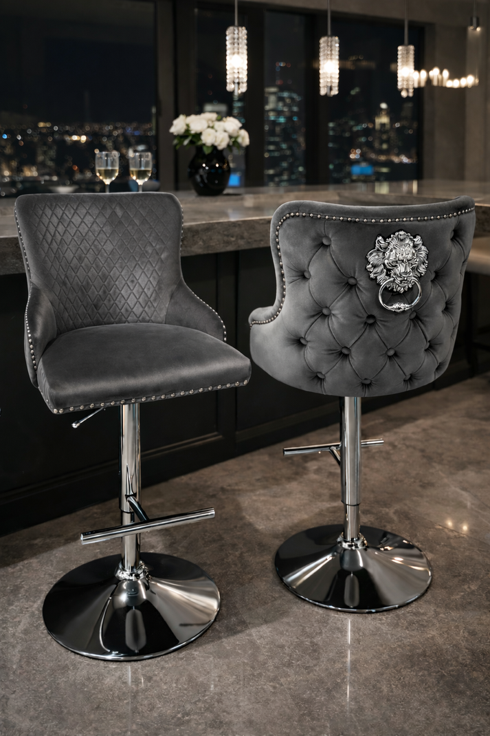 Luxury Dark Grey Velvet Bar Stool with Chrome Base and Lion Knocker Detail