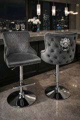 Luxury Dark Grey Velvet Bar Stool with Chrome Base and Lion Knocker Detail