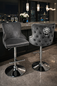 Luxury Dark Grey Velvet Bar Stool with Chrome Base and Lion Knocker Detail