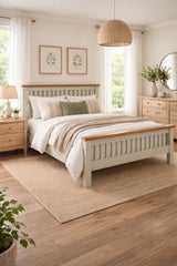 Stone Grey Painted Wooden 4ft6 Double Bed with Natural Oak Top Rails